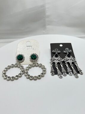 2 Pairs Silver Fancy Dangly Earrings, Studs, Crystals, NOC